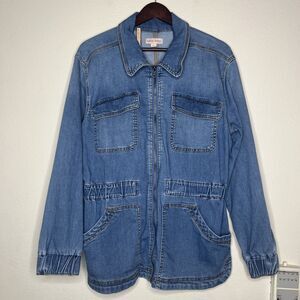 Knox Rose L Denim Utility Long Banded Sleeve Jacket Zip Front Lightweight Cargo